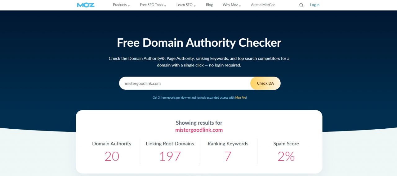 Outil Moz Domain Authority Checker affichant le score d’un domaine