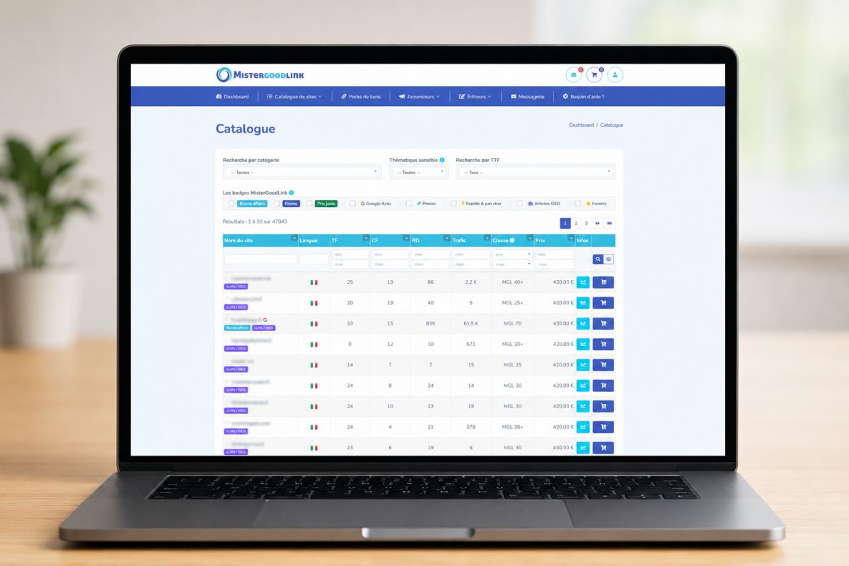 Analyse de sites sur une plateforme de netlinking